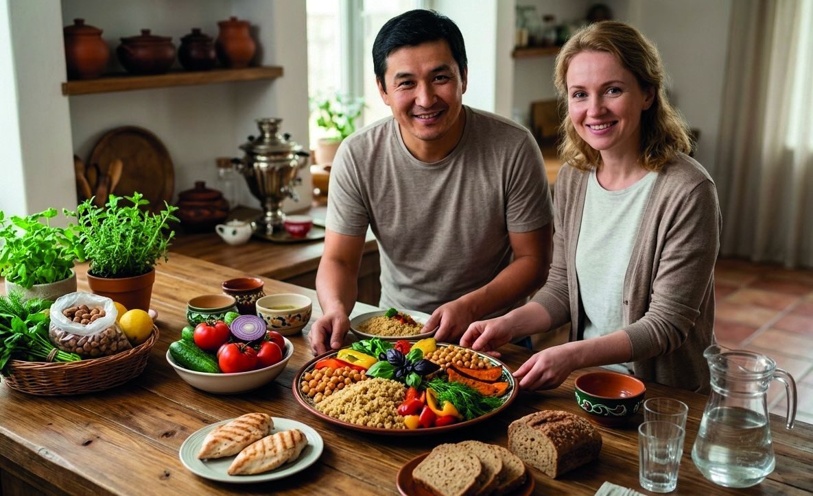 Семья за столом со здоровыми блюдами казахской кухни