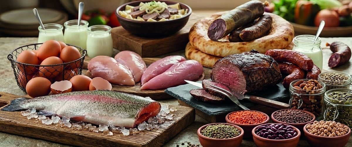 Источники белка: рыба, мясо, яйца, бобовые, молочные продукты